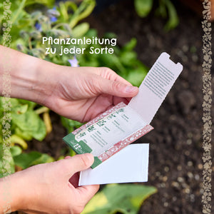 Zwei Hände halten eine geöffnete Saatgutverpackung mit Pflanzanleitung, im Hintergrund sind Pflanzen und Erde zu sehen.