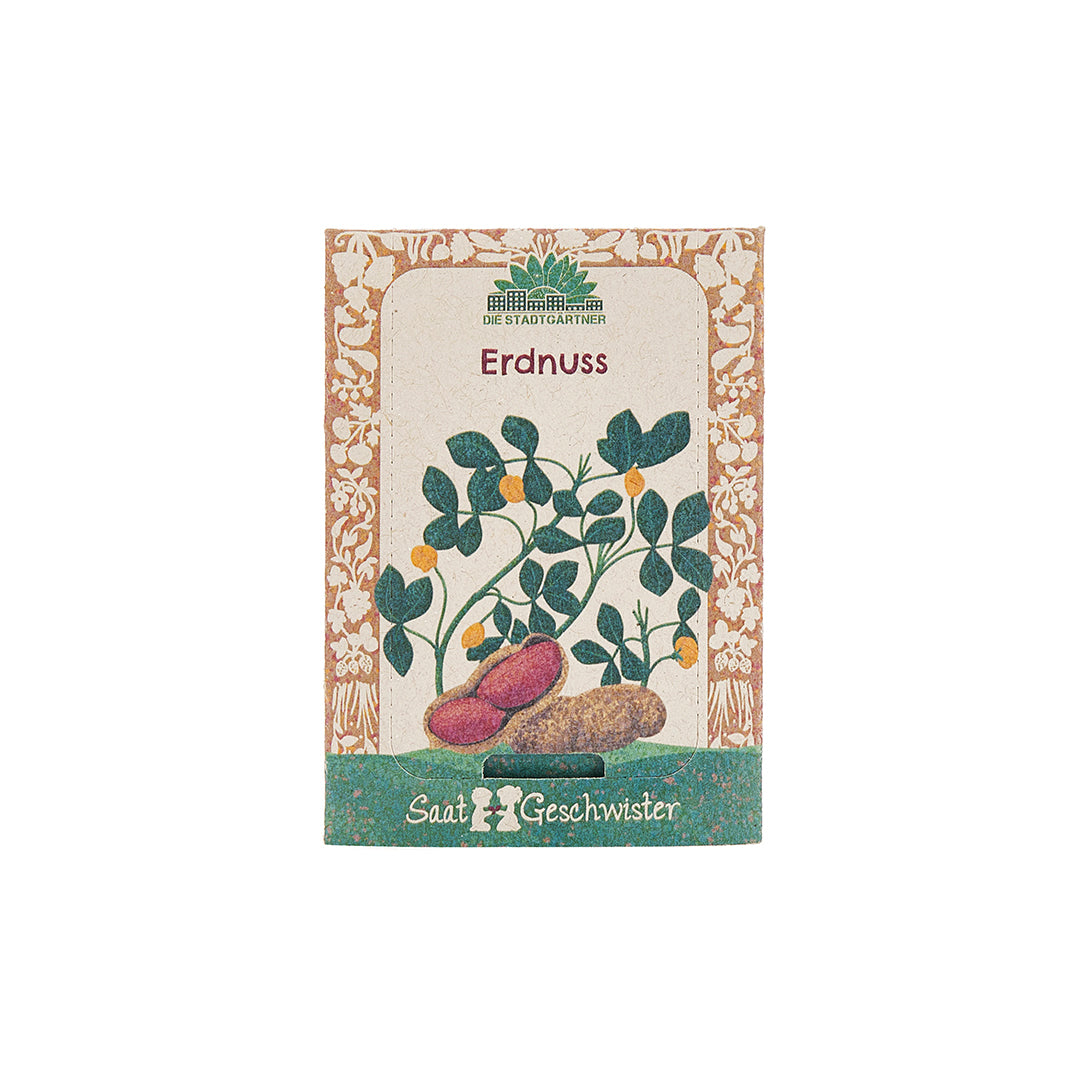 Samenpackung für Erdnüsse mit Illustration der Erdnusspflanze und Erdnüssen auf der Vorderseite.