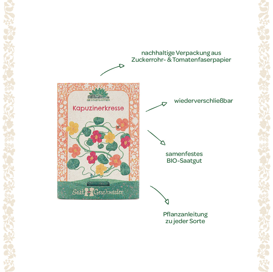 Saatgutverpackung für Kapuzinerkresse mit nachhaltigem Zuckerohr- und Tomatenfaserpapier, wiederver-schließbar, samenfestes Bio-Saatgut und Pflanzanleitung.