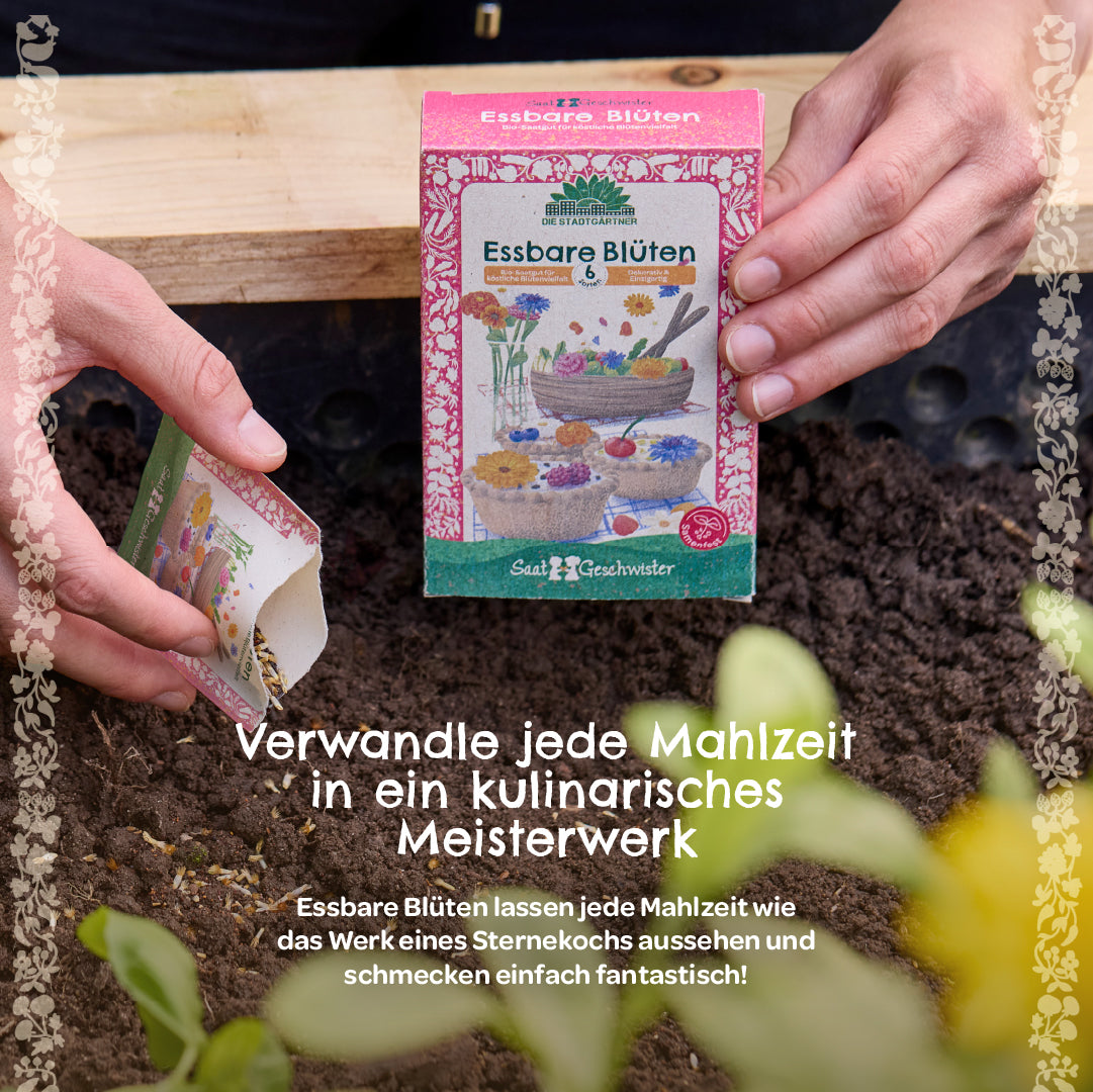 Zwei Hände halten eine Packung und ein Tütchen mit der Aufschrift „Essbare Blüten“ über einem Beet mit frischer Erde.