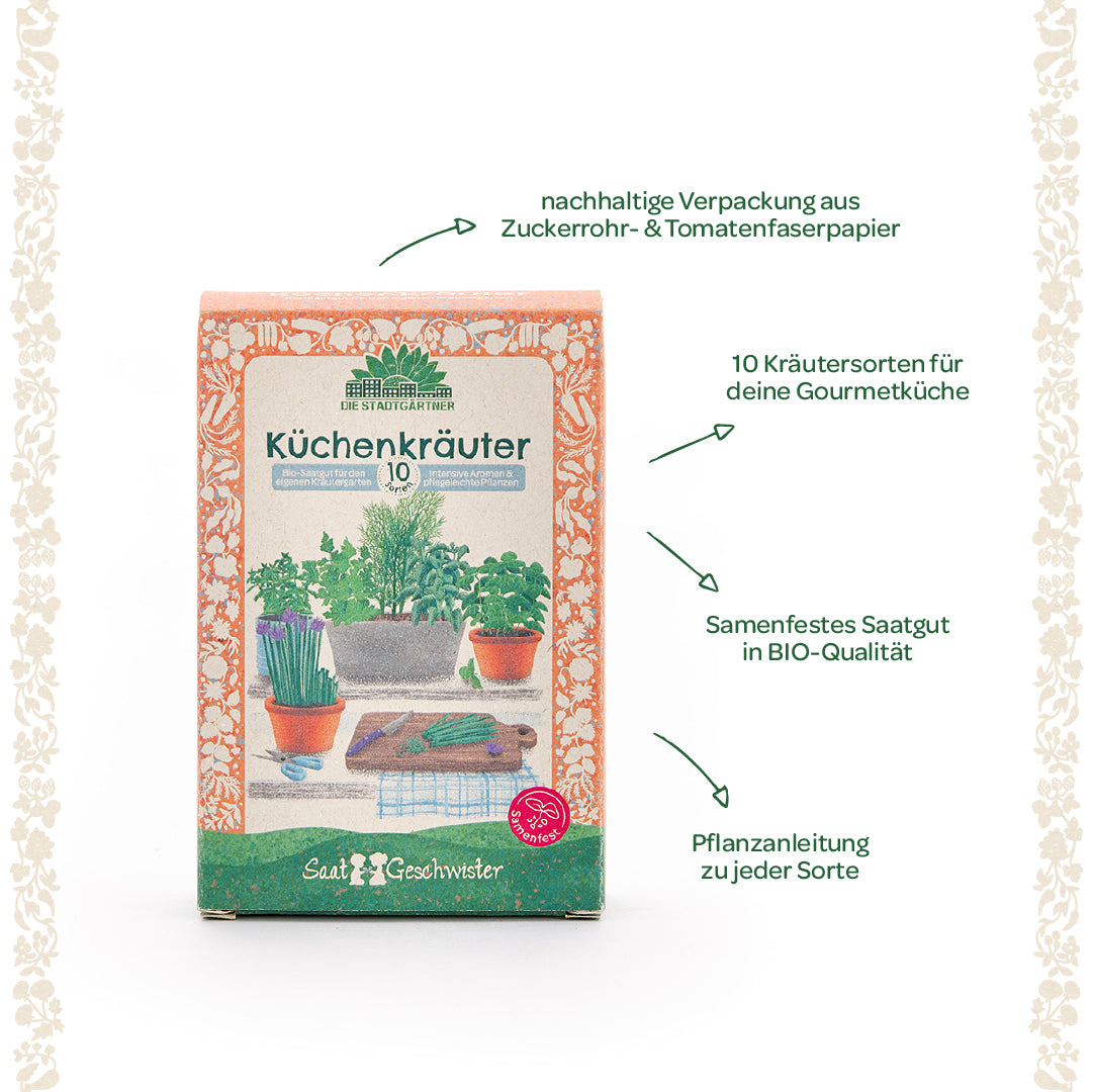 Verpackung mit der Aufschrift „Küchenkräuter“, zeigt verschiedene Kräutertöpfe und Hinweise auf nachhaltige Verpackung, BIO-Saatgut und Pflanzanleitungen.