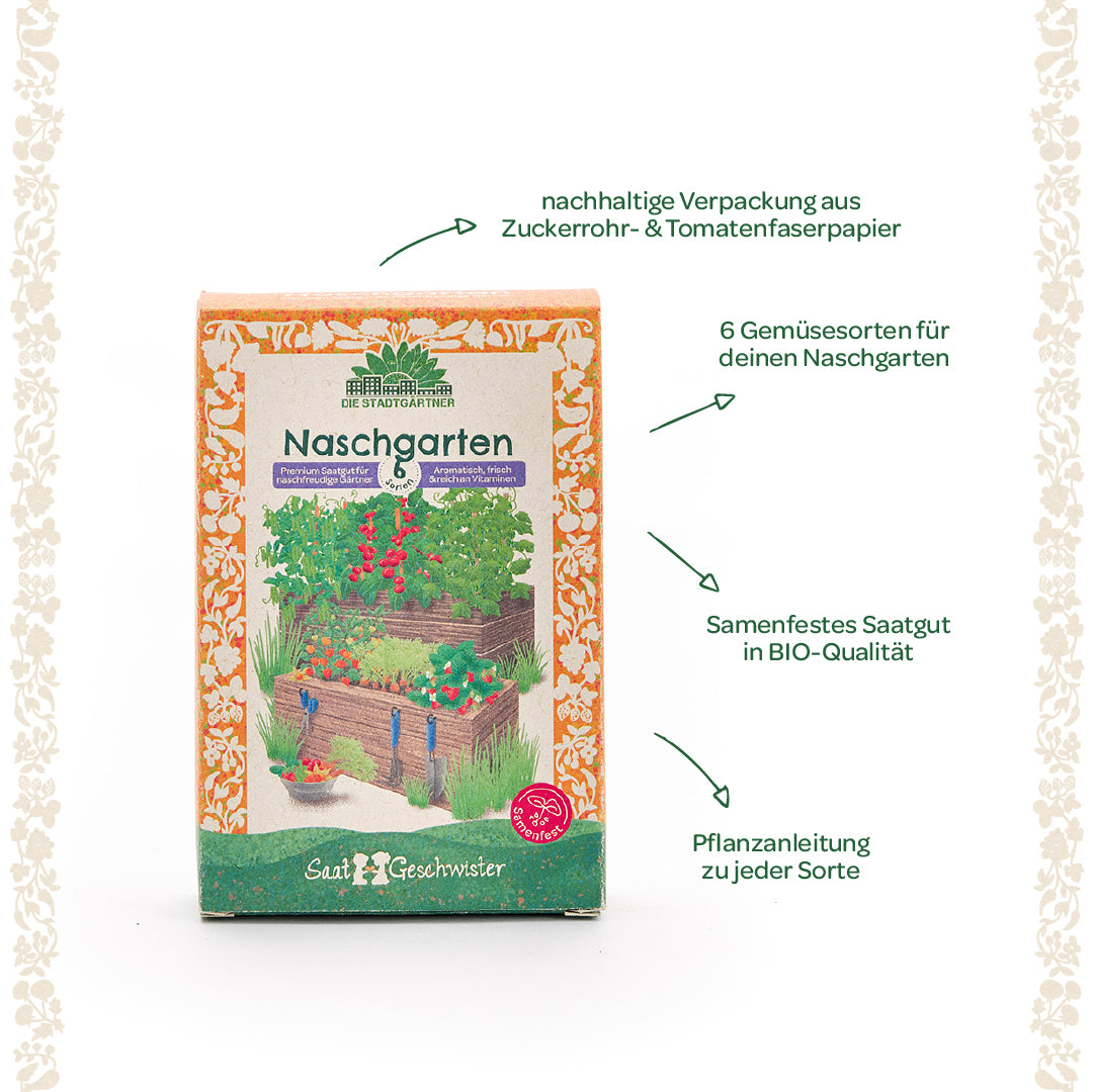Verpackung eines Saatgut-Sets "Naschgarten" mit sechs Gemüsesorten, nachhaltiger Verpackung aus Zuckerrohr- und Tomatenfaserpapier, samenfestem Bio-Saatgut und Pflanzanleitung für jede Sorte.