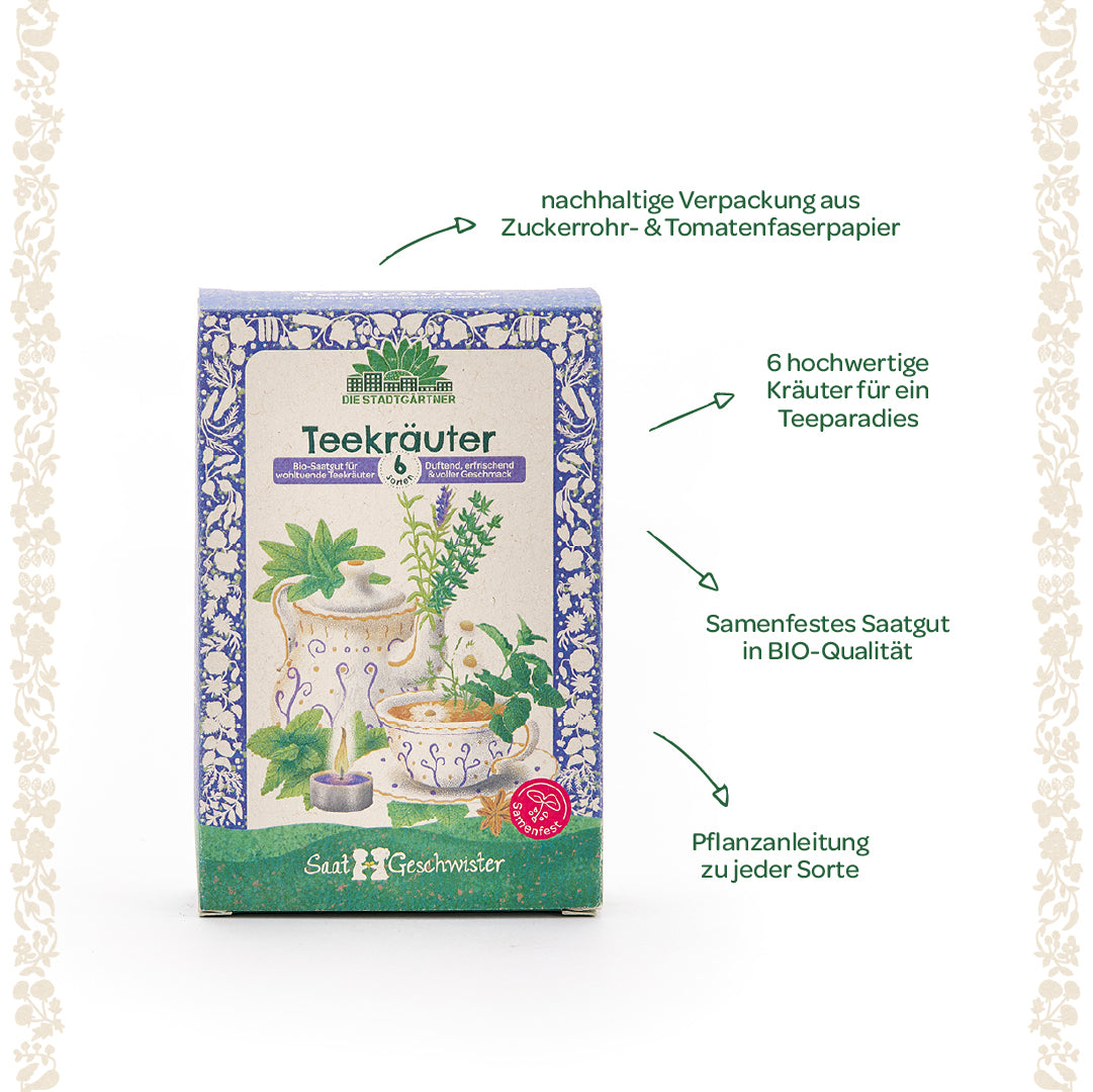 Verpackung von Bio-Teekräutersamen mit sechs Kräutersorten, nachhaltigem Zuckerrohr- und Tomatenfaserpapier, illustrierten Pflanzen und Hinweisen zu BIO-Qualität und Anbauanleitung.