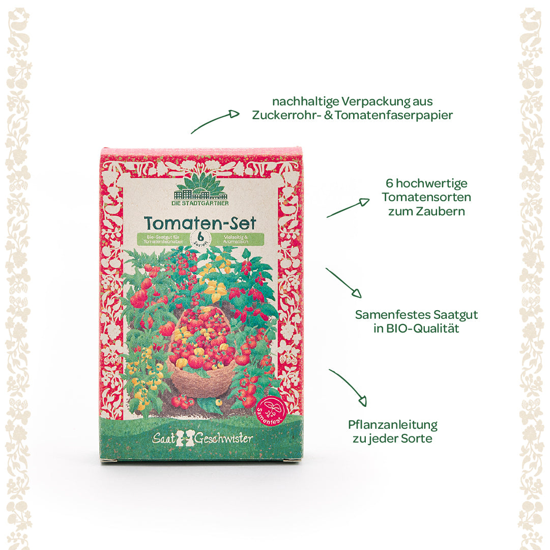 Verpackung eines Tomaten-Sets mit sechs verschiedenen Tomatensorten, nachhaltiger Papierverpackung, Bio-Saatgut und Pflanzanleitung.