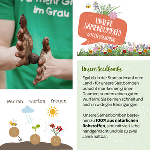 Ein Mensch mit erdigen Händen formt eine Samenbombe, daneben Infotext und Illustrationen zur Anwendung und den Vorteilen von Samenbomben aus natürlichen Rohstoffen.