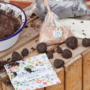 Materialien und Anleitung für Blumensamen-Bomben auf einem Holztisch, umgeben von Erde und Tonpulver"