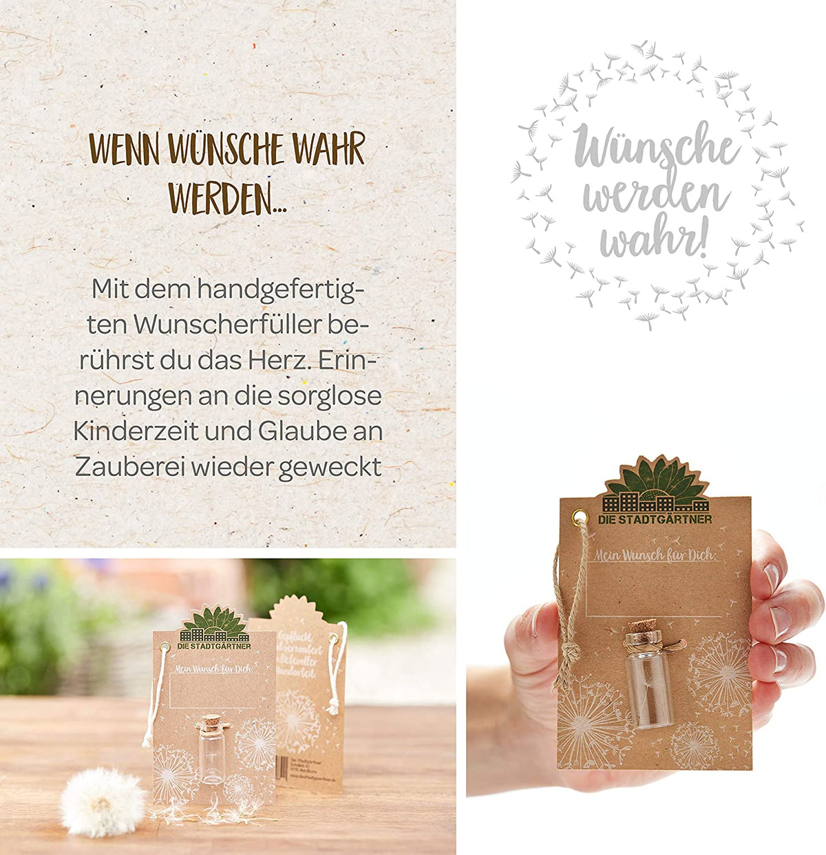 Collage aus Bildern mit Text "Wenn Wünsche wahr werden" und einem handgefertigten Geschenkartikel, der als Wunscherfüller dargestellt wird, auf einem Papierhintergrund und in der Hand gehalten.