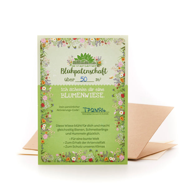 Blühpatenschafts-Zertifikat von "Die Stadtgärtner" für eine 50 Quadratmeter Blumenwiese mit Aktivierungscode und naturnahem Design.