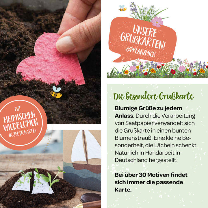 Eine Collage zur Werbung für besondere Grußkarten, die gepflanzt werden können, mit Bildern, die das Einpflanzen einer herzförmigen Saatpapierkarte und Sämlinge im Boden zeigen, begleitet von Texten, die die Merkmale und Vielfalt der Karten betonen.