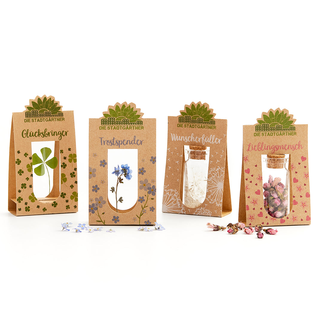 Vier Geschenktüten mit natürlichen Motiven und Beschriftungen: Glücksbringer, Trostspender, Wunscherfüller, Lieblingsmensch.